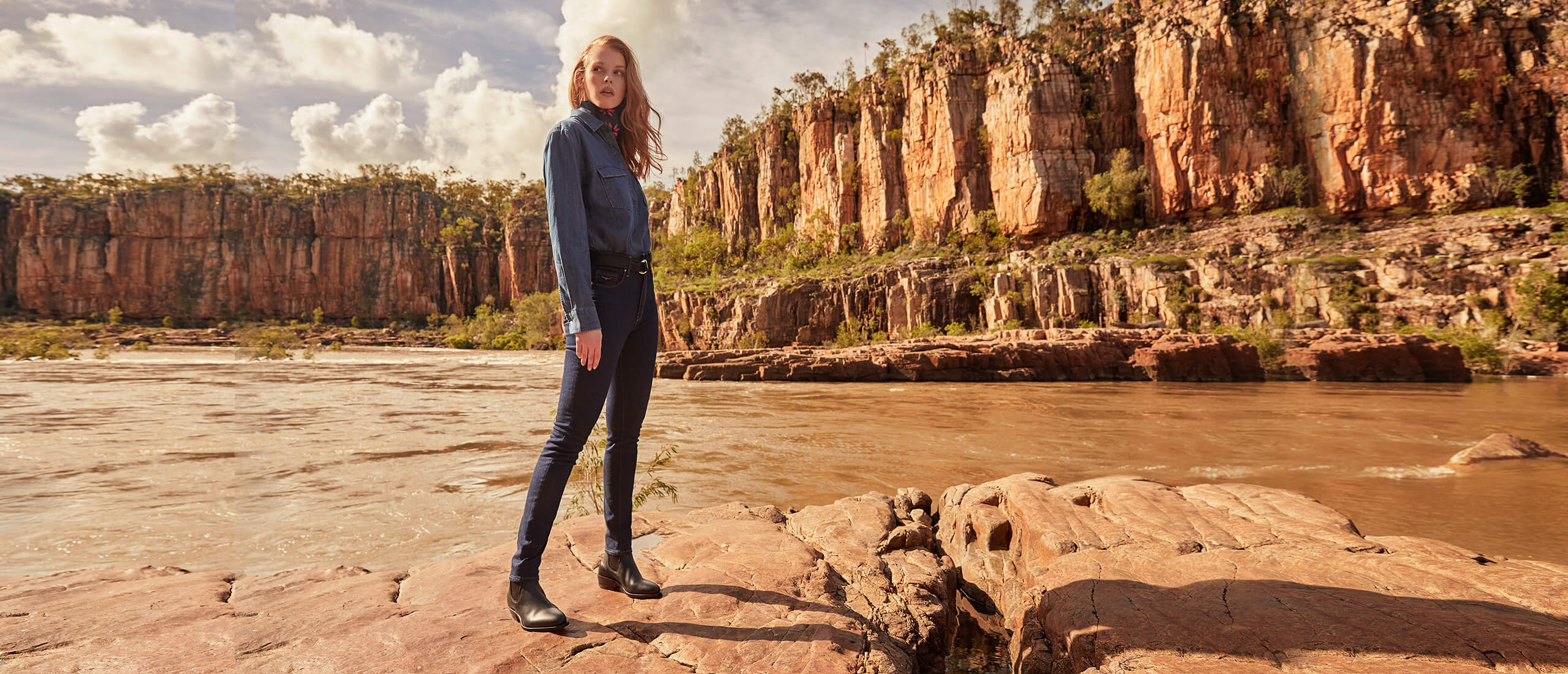 R.M.Williams Denim jeans, shirt and Lady Yearling for her at Katherine Gorge R.M.Williams Denim jeans, shirt and Lady Yearling for her at Katherine Gorge