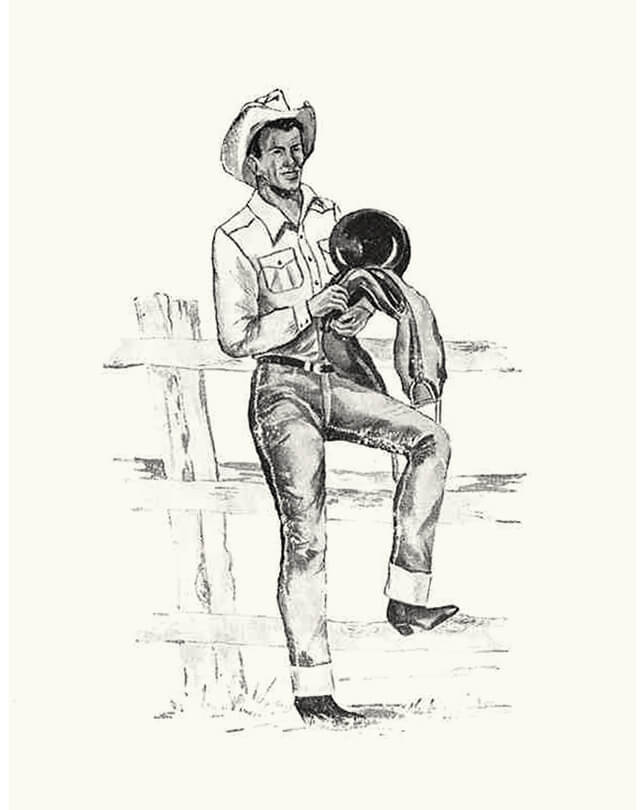illustration of man leaning on fence in double pocket shirt illustration of man leaning on fence in double pocket shirt