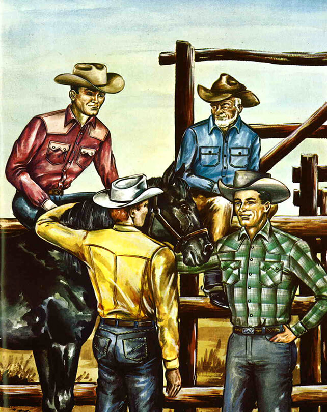 illustration of 4 men leaning on a fence with their horses illustration of 4 men leaning on a fence with their horses