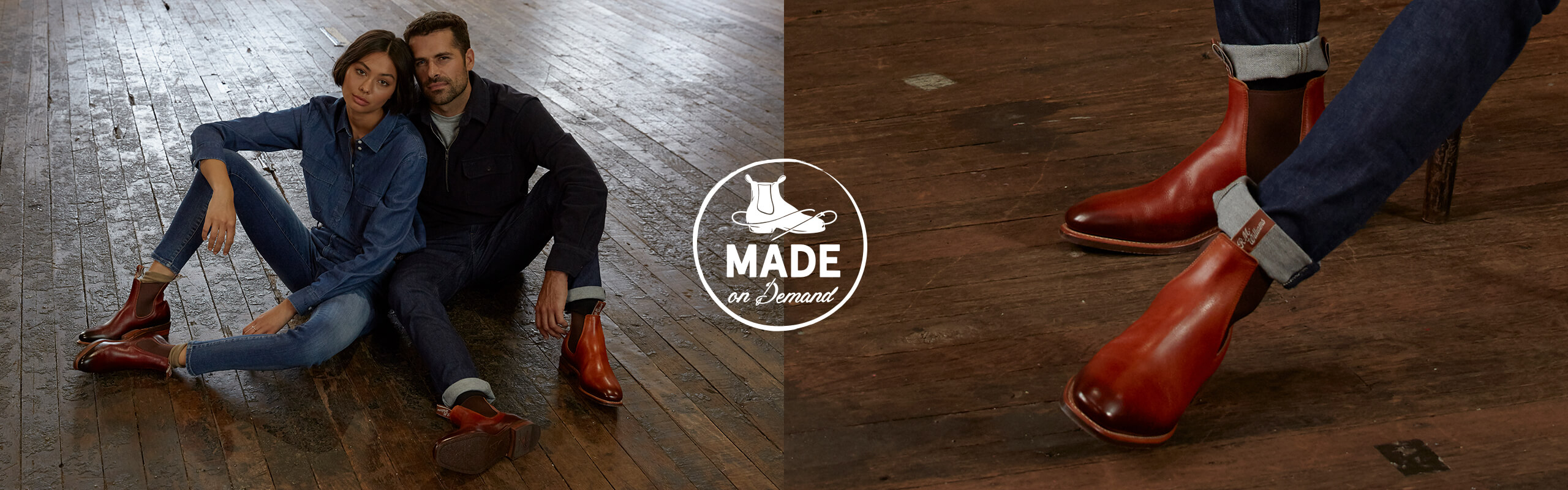 R.M.Williams Made On Demand Burnish Craftsman Made on Demand him sitting wearing Burnish boot